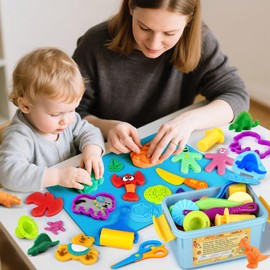 Playdough Tools Sets for Kids Ages 2-4, 37pcs Play Dough Accessories with Storage Box, Mat, Rolling Pins, Safety Scissors, Plastic Knife, Stamps, Animal and 3D Dino Molds for Boys Girls