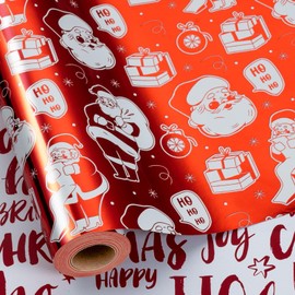 Yarcony Reversible Christmas Wrapping Paper Roll,Red Wrapping Paper, Metallic Foil Red Santa, HOHO Pattern Holiday Gift Wrap Paper for Christmas, Party, Celebration, New Year (17 Inch X 33 Feet)