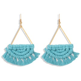 Pendientes bohemios con borla de macramé tejida a mano con borlas coloridas, pendientes colgantes lindos bohemios, con flecos, para regalo de vacaciones para mujeres azul