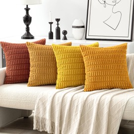 MIULEE Pack of 4 Corduroy Cushion Covers Square Soft Pilllow Covers 45x45 cm 18x18 inch Boho Decoration Throw Pillowcase with Invisible Zipper for Living Room Sofa Bedroom Orange Series
