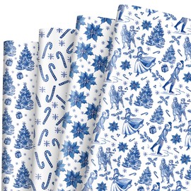 FYSUIMU 12 Sheets Christmas Wrapping Paper -Not Roll- Blue Xmas Tree Candy Cane Poinsettia Gift Wrap Paper Folded Flat Craft Paper for Party Supplies, 19.7 x 27.6 Inch