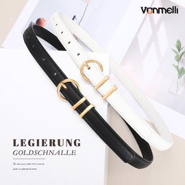 VONMELLI 2 Stück Damen Ledergürtel Schmal Adjustierbar Taillengürtel mit Goldener Schnalle für Jeans Kleider Dünne Gürtel Damen für Business & Casual Schwarz+Weiß S