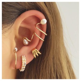 Cimenexe Vintage Pearl Cuff Wrap Earrings Pearl Cartilage Cuff Earrings Pearl Tassel Studs Earring Gold Pearl Cuff Chain Earrings Gold Helix Chain Earrings Set Jewelry for Women and Girls