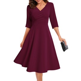 Bbonlinedress Women Vintage Cocktail Dress Formal Wedding Guest Church V Neck Wrap 3/4 Long Sleeve Midi Tea Dress Burgundy L
