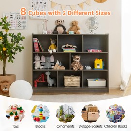 KOTEK Toy Storage Organizer, 8 Cubby Kids Bookshelf, Wooden 4-Tier Bookcase Storage Cabinet, Open Display Book Shelf for Daycare, Nursery, School Classroom, Playroom & Bedroom (Grey, 8 Cubes)
