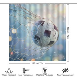 TIKRBMLB 4Pcs Modern Football Goal Shower Curtain Set with Toilet Lid Cover Non-Slip Rugs for Bathroom, Classic Soccer Sport Competition Shower Curtain Bathroom Sets with Hooks, 72x72 Inch