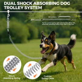 VST Dog Tie Out Runner for Yard,Dual Shock-Absorbing 50FT Dog Run Cable with Spring Lead,Chew Proof Zip Line for Outside Camping,Heavy Duty Trolley System for Small/Medium/Large Dogs Up to 250LBS