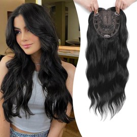 MORICHY Hair Toppers for Women Clip in Hair Topper with Bangs 20inch Black Long Wavy Curly Synthetic HairPieces for Women