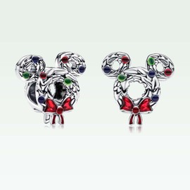 MSPOVOF Mouse Christmas Wreath Charms,S925 Sterling Silver Charms,Bead for Bracelets and Necklaces,For Christmas Family Birthday Women Jewelry Present