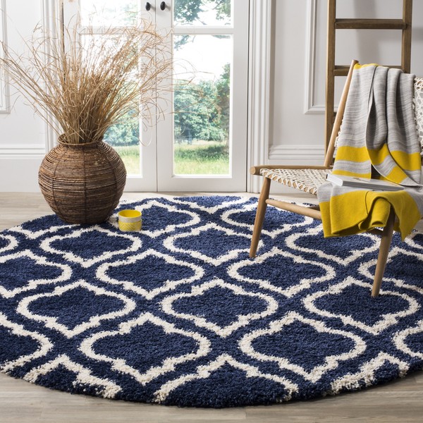 Safavieh Hudson Shag Collection SGH284C Moroccan Geometric 2-inch Thick Area Rug, 7' Round, Navy/Ivory