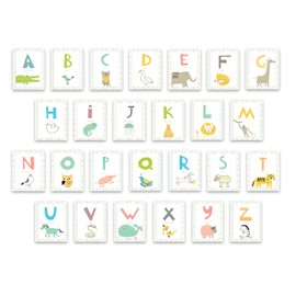 English Alphabet Wall Cards Art Flash Cards- Set of 26 White (5" x 7") Animal Alphabet Cards for Nursery Decor, Gifts, Kids Room, Classroom, by Kindred Sol Collective
