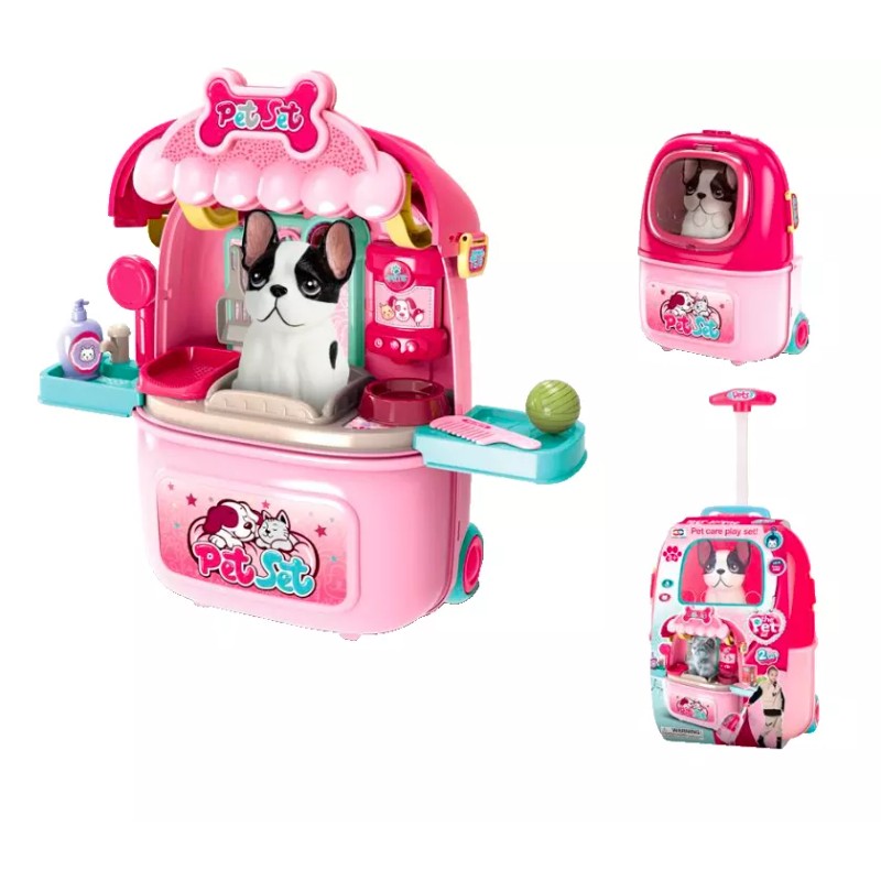 UNOMITOYS 2 IN 1 Pretend Play Pet Trolley Case Dog
