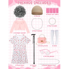 Luces 100th Days of School Costume for Girls, Old Lady Dress Up for Kids, 100th Day School Granny Wig Cane Accessories Outfit