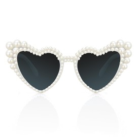 Tanganan Heart Sunglasses Love Heart Pearl Sunglasses for Women White Rhinestone Glasses Bachelorette Party Bride Sunglasses