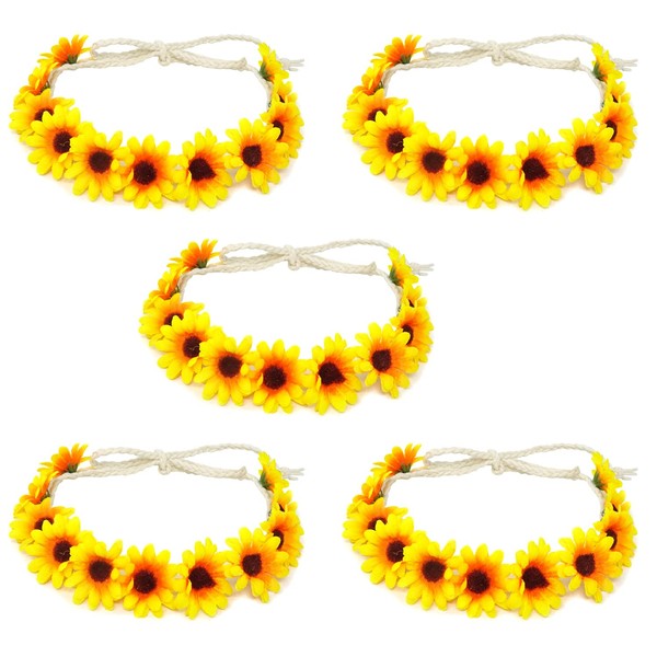 HONBAY 5PCS Fashion Flower Headband Sunflower Hair Wreath Festival Hair Band Bridal Headpiece (Yellow)