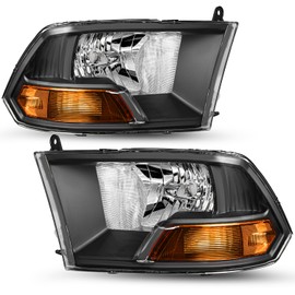 SOCKIR Headlight Assembly Compatible with 2009-2012 Dodge Ram 1500 2500 3500 Pickup Driver and Passenger Side (Not fits Quad Beam Headlight Models), Black Housing & Amber Reflector