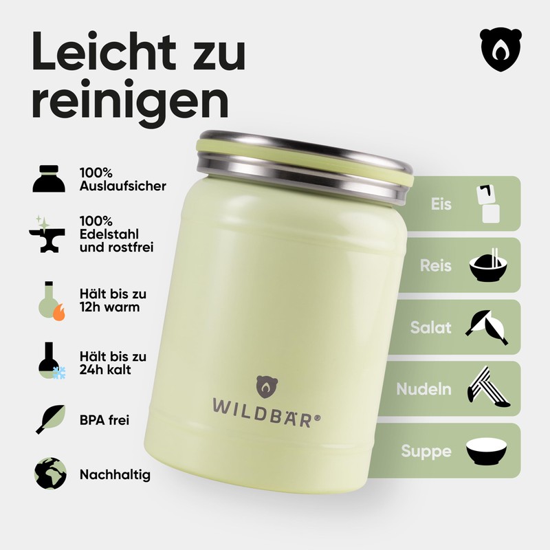 WILDBÄR Thermos Lunch Bowl, Light Green, 420 ml, Rustproof Stainless