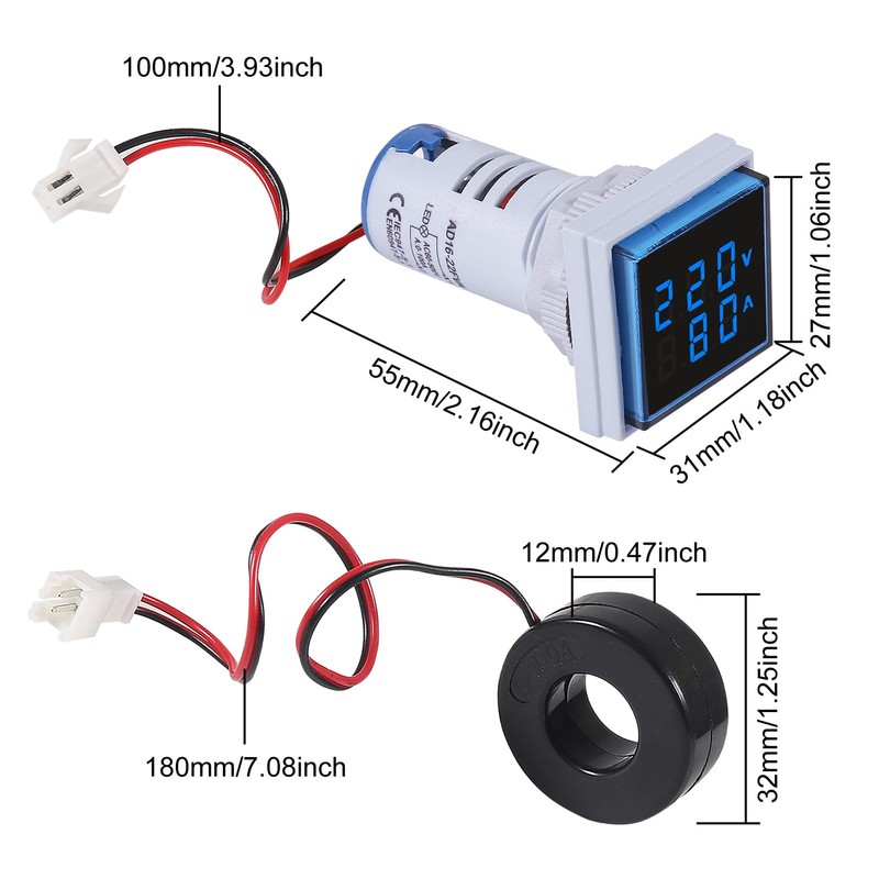 Aitiao 2PCS 60-500V 0-100A AC Digital Ammeter Voltmeter, 22mm Square