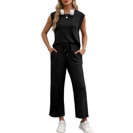 OFEEFAN Lounge Sets for Women 2 Piece Matching Sets Women Clothing Cute Business Casual Travel Spring Summer Outfits Beach Vacation Clothes Black L