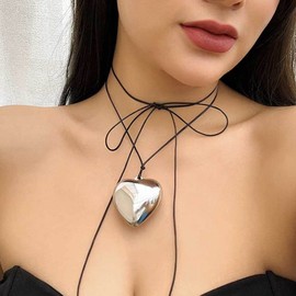 Prosy Punk Black Drawable Wax Choker Necklaces Big Love Pendant Necklace Collar Jewelry Adjustable for Women and Girls (Silver)