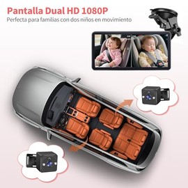Muja Cámara Coche Bebé Asiento Trasero, Pantalla HD de 7 Pulgadas 1080p, El Coche con 2 Cámaras Giratorias de 360°, Lente Gran Angular de 150°, Visión