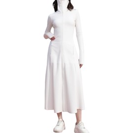 Women's UPF 50+ Swimsuit Cover Up Lightweight SPF Long Sleeve Sun Protection Long Sun Hoodie Dress, White-Large Brim, Medium