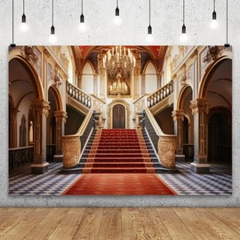 YongFoto Palace Castle Backdrop 10x7ft Luxury Stairway Red Carpet Archway Chandeliers Photography Background Birthday Bridal Shower Wedding Party Banner Portraits Photoshoot Photo Studio Booth Props