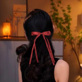 TseenYi Bow Satin Hair Clip Red Bow Hair Clip Long Tassel Tail Bow Knot Clips Large Bow Tie Tail Hair Clip Bridal Satin Ribbon Hair Clip Winter Ribbon Bow Accessories