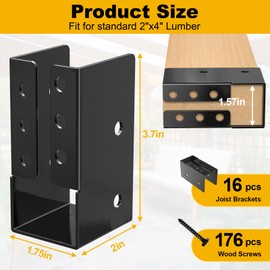 FMhotu Concealed Joist Hanger (16 Pack),2"x4" Outdoor Concealed-Flange Joist Bracket with Screws, Q235B Steel Powder Coated Concealed Mount Light Joist Hangers for 2"x4" Beam, Swing, Handrail, Fence