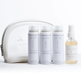 AIIR Travel Ritual Kit, Crystal Infused Haircare Essentials, TSA Approved Mini Set with Dry Shampoo, Amethyst Hair Refresher, Texture Spray, Luxury Self Care Pouch for On the Go Salon Results