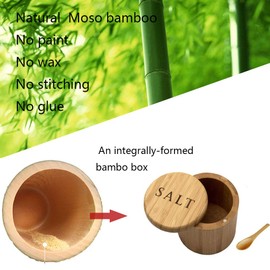 VICUKIE Salt Cellar, Bamboo Salt Box, Salt Container With Spoon, Salt Holder With Lid, Salt Shaker, Cumin and Pepper Bowl with Magnetic Swivel Lid (1 box with engraved Salt)… (SALT engraved)