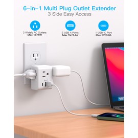 One Beat Multi Plug Outlet Extender, Power Strip Non Surge Protector Electric Outlet Splitter with 3 USB Wall Charger (1 USB C), Multiple Outlet Expander for Cruise, Dorm, Travel, Home, Office
