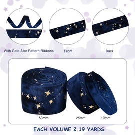 BENECREAT 3 Sizes 3 Rolls, Velvet Ribbon, Star, Width 2.0 inches (50/25/10 mm), Double Sided Ribbon, 6.6 ft (2 m), Bundle, Craft Ribbon, Colorful Accessory Parts, Accessories, Clothing, Wrapping, DIY