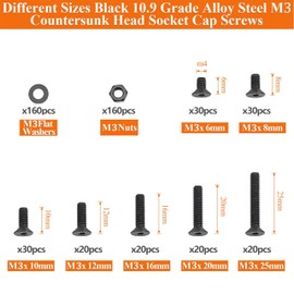 Nivithi M3 Countersunk Screws Set 10.9 Strength Class 480 Pieces Black Countersunk Screws M3, Countersunk Screws Made of Carbon Steel M3 x 6/8/10/12/16/20/25 mm for Furniture, DIY, Repair