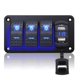Geloo 3 Gang Switch Panel Waterproof, 12 V/24 V Marine Switch Panel Rocker Switch with 4.8 A Dual USB LED Voltmeter Toggle Switch for Car Boat Truck Motorhome