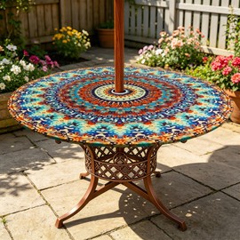 qchdln Outdoor Round Tablecloth with Umbrella Hole Water Resistant Zipper Round Table Cloth with Elastic Edge for Outdoor Garden Patio Decorations(Fit for 45-54 Inches Table)