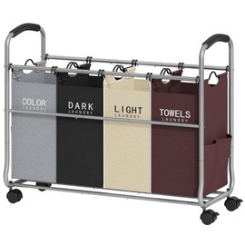 Tajsoon Laundry Sorter 4 Sections, Laundry Separator Hamper with Heavy Duty Lockable Rolling Wheels, Laundry Divider with Removable Bags for Dirty Clothes Storage, 4 Colors