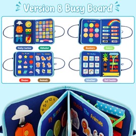 Busy Book for Toddler Soft Baby Felt Montessori Quiet Books with 8 Interactive Pages and Zipper Removable Baby Quiet Book Preschool Learning Activities for Boys Girls Infants (Blue-with Handle)