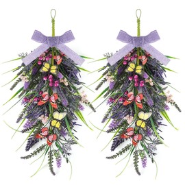 2 Pcs 24inch Artificial Lavender Teardrop Wreaths Swag Spring Summer Butterfly Lavender Purple Wreath Swag Hanging Decoration for Kitchen Cabinet Doors Windows Walls Party Home Decor