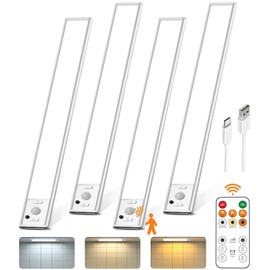 Under Cabinet Lighting with Remote Control,USB Rechargeable 180 Lumen LED Motion Sensor Light Indoor,Wireless Under Counter Light,3 Color Dimmable Closet Light for Bedroom,Wardrobe,Stairs,4 Pack