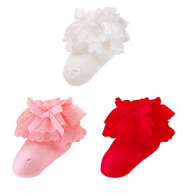 QKURT Girls Frilly Socks Kids Ruffle Lace Cotton Dance White Pink Red Dress Ankle Socks for Toddlers Baby 0-8 Years 3 Pairs
