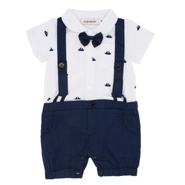 stylesilove Sailor Boat Print Faux Suspender Formal Wear Baby Boys Short Sleeve Romper Outfit (Romper, 18-24 Months)