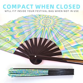 Large UV Illuminated Carnival Folding Hand Fan - Nightclub & Pool Party Bar Click Nylon Cloth Fan - Eye-catching hand fan, 13 inches, perfect for holiday accessories(FLASH OF LIGHT)