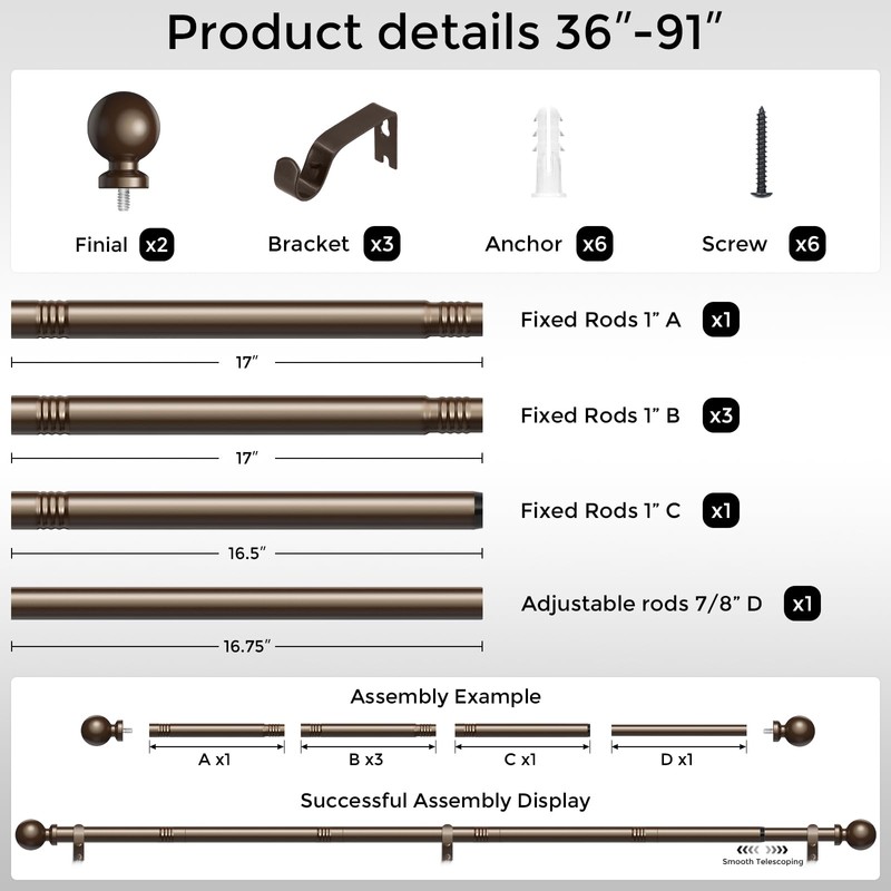 Wolistsa Bronze Curtain Rod, 1 Inch Adjustable Heavy Duty Curtain