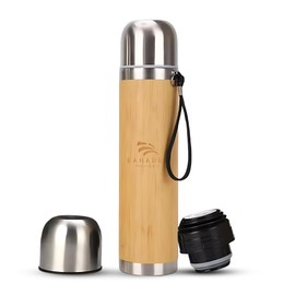 BAHADUR NATURAL Bamboo Bullet Lid Thermos Bottle, 450ml/15oz, Stainless Steel Insulated, Hot or Cold Drinks