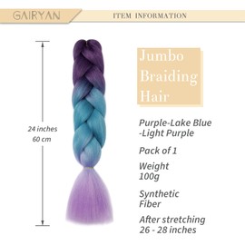 Gairyan Jumbo Braids, Extensions, Synthetic Hair for Braiding, 1 Piece, 100 g, 60 cm, Ombre, Synthetic Braids, Afro Hair for Box Braids/Crochet Braids, Purple & Lake Blue & Light Purple