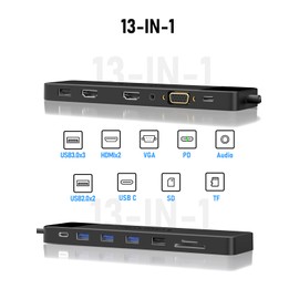 Lemorele 13 in 1 USB C Docking Station Triple Monitor w/Dual HDMI 4K, VGA, 5 USB 3.0/2.0,3.0,100W PD, SD/TF, 3.5mm Audio, USB C Dock Multiport Adapter for Lenovo, Surface, Dell, HP Laptops