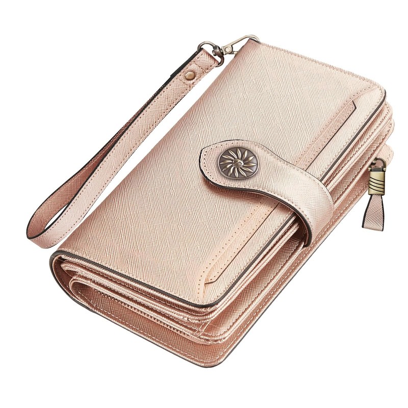 Travelambo Womens Wallet Large Capacity RFID Blocking Genuine Leather Wristlet