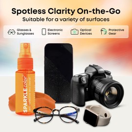 OPTIPAK Sparkle Anti-Reflective Safe Lens Cleaner Spray Kit - (4) 1oz Glasses Cleaner Spray, (4) Microfiber Cleaning Cloth & (1) Travel Pouch for Eyeglasses, Lenses & Camera Cleaning Kit - 9 Piece Set