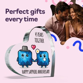 45th Anniversary Plaque Gifts for Wife Husband - Happy Sapphire Anniversary - I Love You Romantic Acrylic Heart Gift For Women Men, 100mm x 100mm Present For Couples Forty-Fifth Wedding Anniversaries